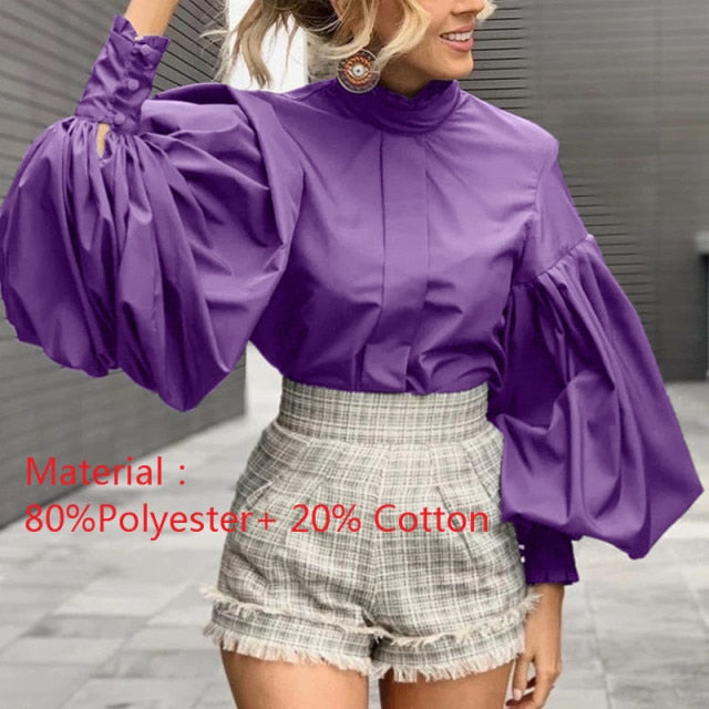 Women Big Lantern Sleeve Blouse Elegant Party Shirts Stand Collar Casual Solid Retro Top Tunic Blusas