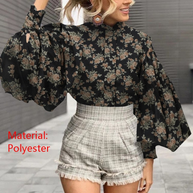 Women Big Lantern Sleeve Blouse Elegant Party Shirts Stand Collar Casual Solid Retro Top Tunic Blusas