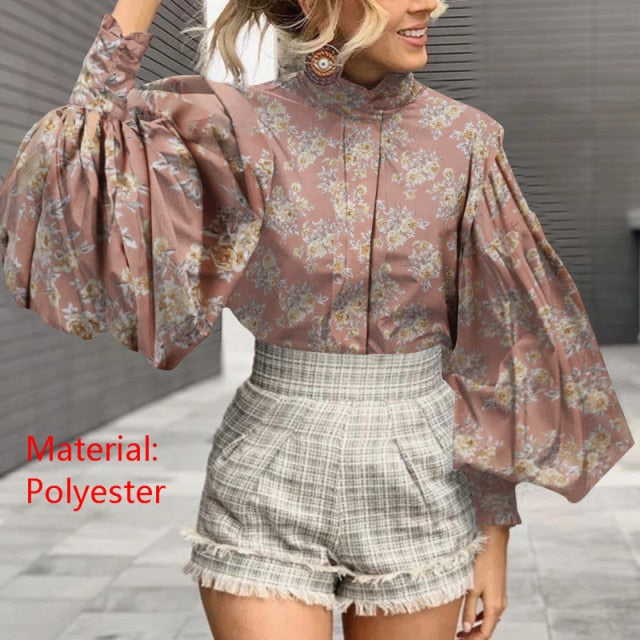 Women Big Lantern Sleeve Blouse Elegant Party Shirts Stand Collar Casual Solid Retro Top Tunic Blusas