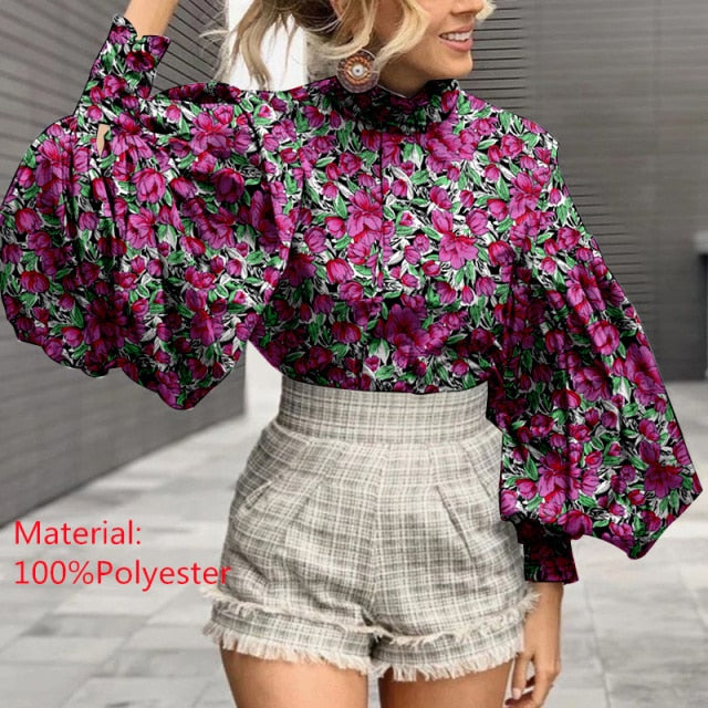 Women Big Lantern Sleeve Blouse Elegant Party Shirts Stand Collar Casual Solid Retro Top Tunic Blusas