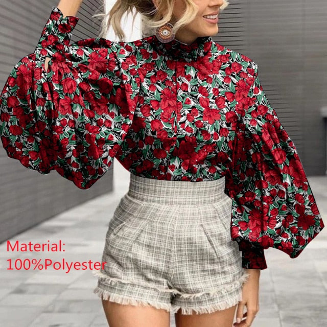 Women Big Lantern Sleeve Blouse Elegant Party Shirts Stand Collar Casual Solid Retro Top Tunic Blusas