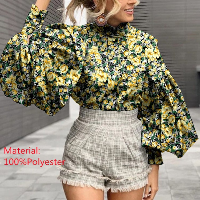 Women Big Lantern Sleeve Blouse Elegant Party Shirts Stand Collar Casual Solid Retro Top Tunic Blusas