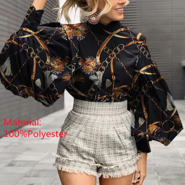 Women Big Lantern Sleeve Blouse Elegant Party Shirts Stand Collar Casual Solid Retro Top Tunic Blusas