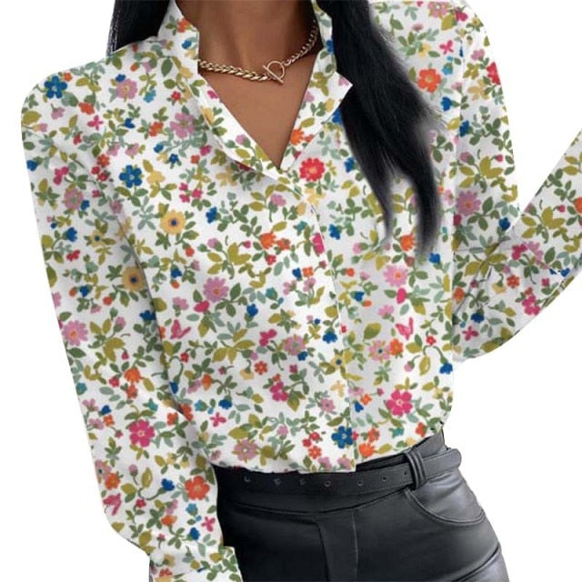 Button Flower Long Sleeve Shirt Top Fashion Personality Slim Slimming Digital Printing Stand-up Collar Clothes