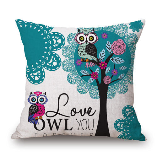 Square 18" Owl Linen Pillow Covers Pattern Decorative Love Pillow Covers Home Pillow Dec oration Colored Pillow Cases