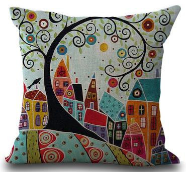 Hand Painted Abstract House Trees Linen Cotton Decorative Pillow Cushion For Home Gifts