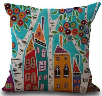 Hand Painted Abstract House Trees Linen Cotton Decorative Pillow Cushion For Home Gifts