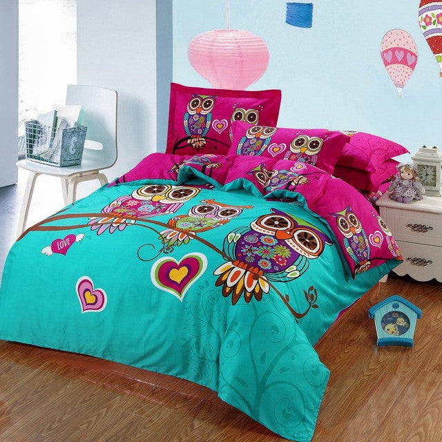Adult/kids owl bedding set blue boys/girls duvet cover bed sheet cartoon pattern bedspread king queen twin size bed linen