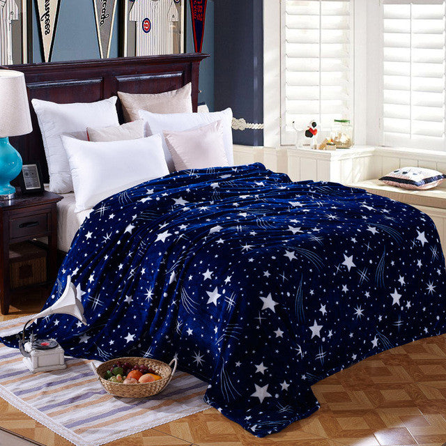 Blue Bright Stars Style Coral Fleece Blankets On Bed The Throws Warm Soft Can Be As Bed Sheet Bedspreads