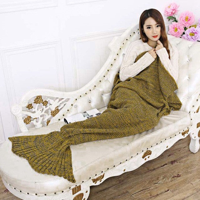195x95CM Yarn Knitted Mermaid Tail Blanket Soft Sleeping Bed Handmade Crochet Anti-Pilling Portable Blanket Air Conditioning