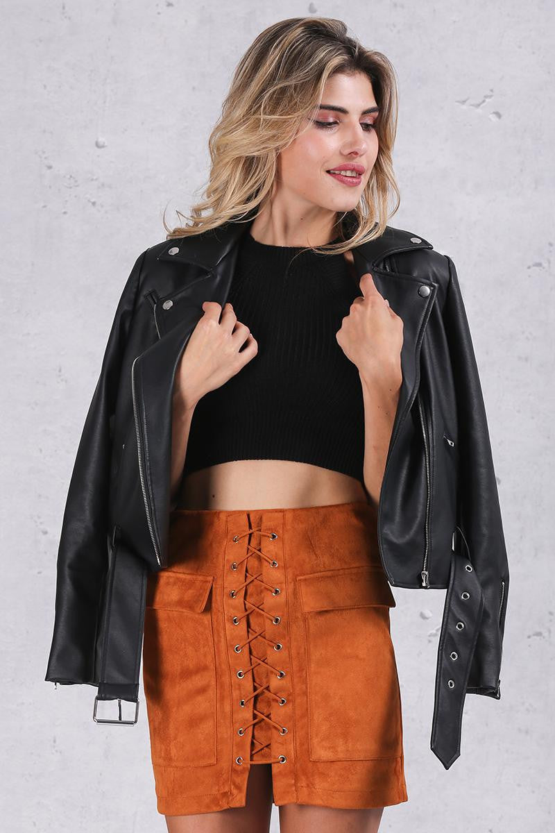 PU Leather Coat Classic Basic Black Adjustable Waist Motorcycle Jacket - CELEBRITYSTYLEFASHION.COM.AU - 2