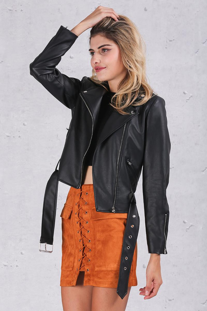 PU Leather Coat Classic Basic Black Adjustable Waist Motorcycle Jacket - CELEBRITYSTYLEFASHION.COM.AU - 3