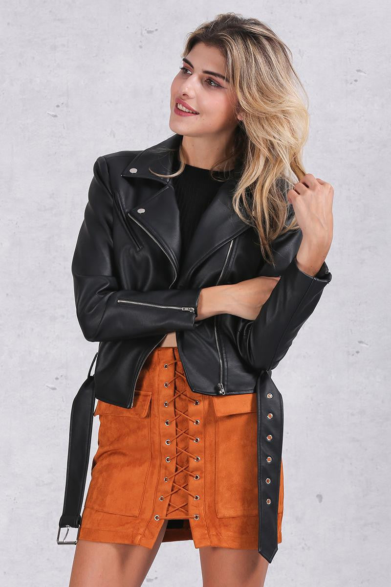 PU Leather Coat Classic Basic Black Adjustable Waist Motorcycle Jacket - CELEBRITYSTYLEFASHION.COM.AU - 8