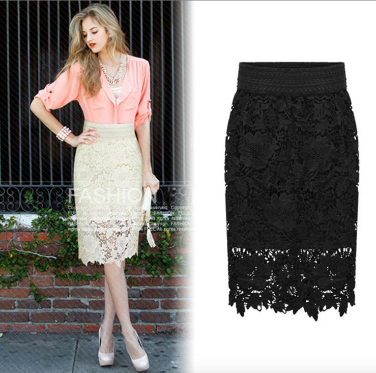 High Quality New Women Lace Skirt A-Line Hollow Out White Black SKirt Knee Length Plus SIze S-3XL Free Shipping - CelebritystyleFashion.com.au online clothing shop australia