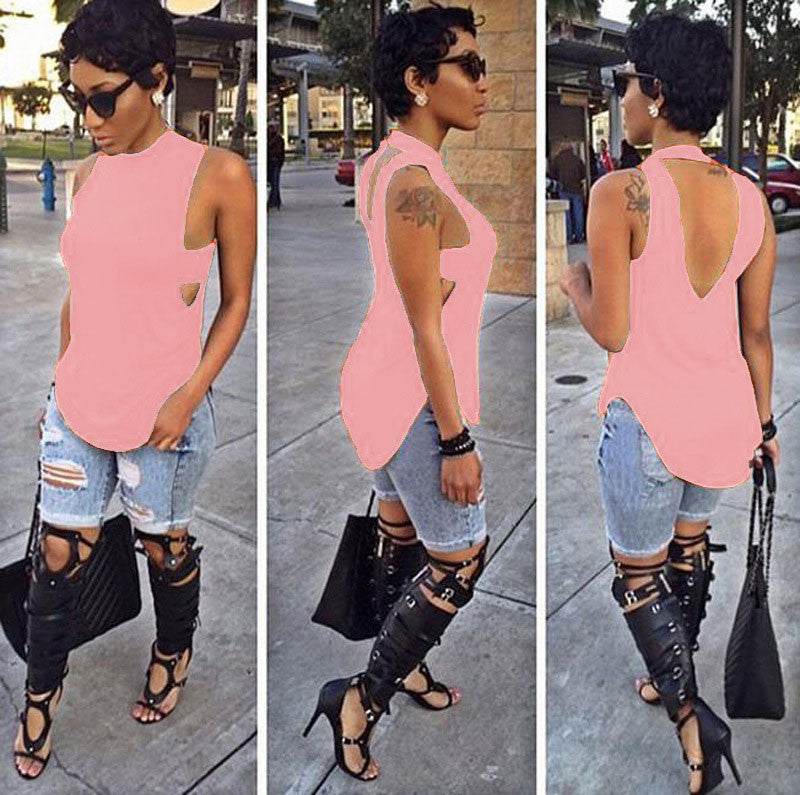 Cropped Solid Cutout Back Asymmetric Tank Top -  - 8