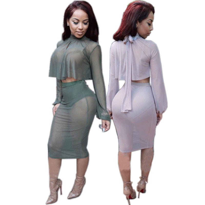 Two Piece Full Sleeve Mesh Party Dress -  - 1