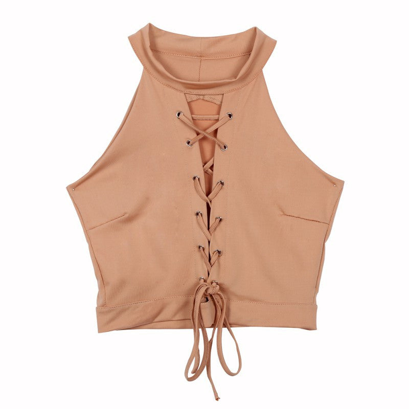 Lace Up Tie Front Stretch Crop Tops Sexy Women Bandage Shirt Seeveless Womens Halter Ladies Shirts Clothes - CelebritystyleFashion.com.au online clothing shop australia