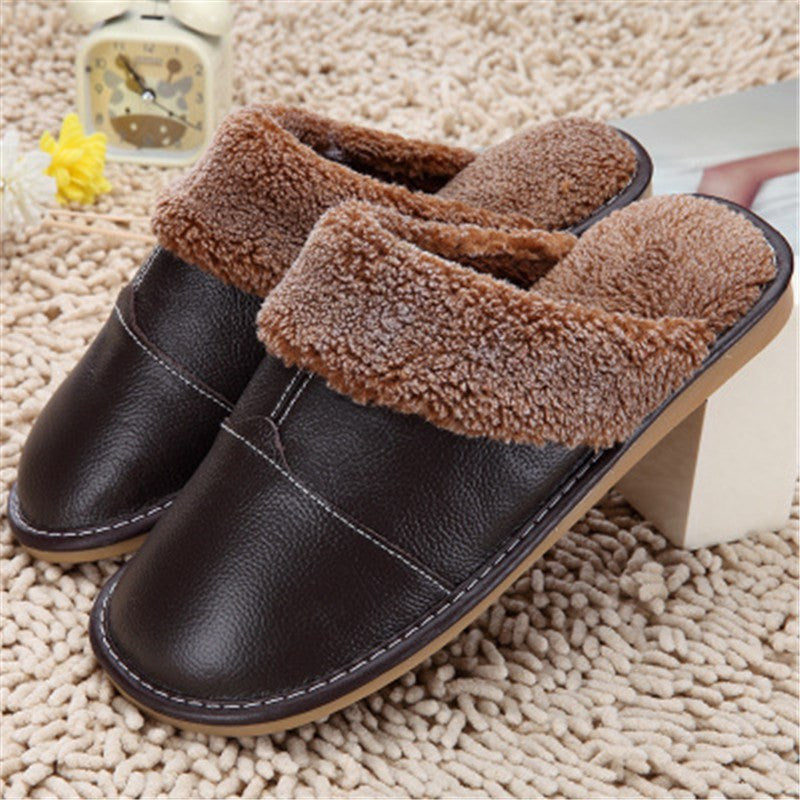 High Quality Winter Warm Home Slippers Couples Genuine Cow Leather Leisure Lamb Wool Cow Muscle Women Men Indoor Floor Slippers - CelebritystyleFashion.com.au online clothing shop australia