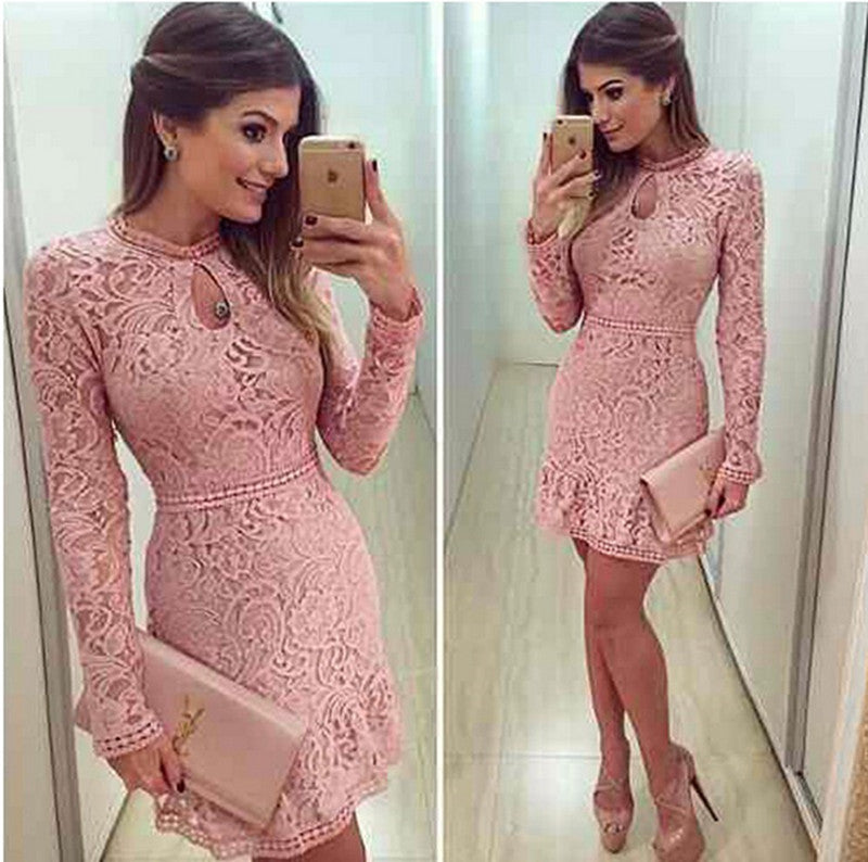 Women Fashion Casual Lace Dress O-Neck Sleeve Pink Evening Party Dresses - CelebritystyleFashion.com.au online clothing shop australia