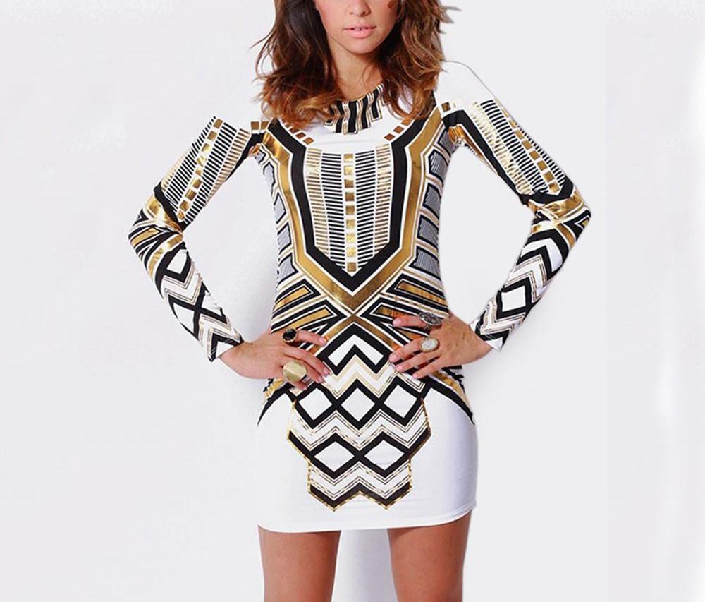 Geometric Sexy Print Backless Long Sleeve Party Dress - 