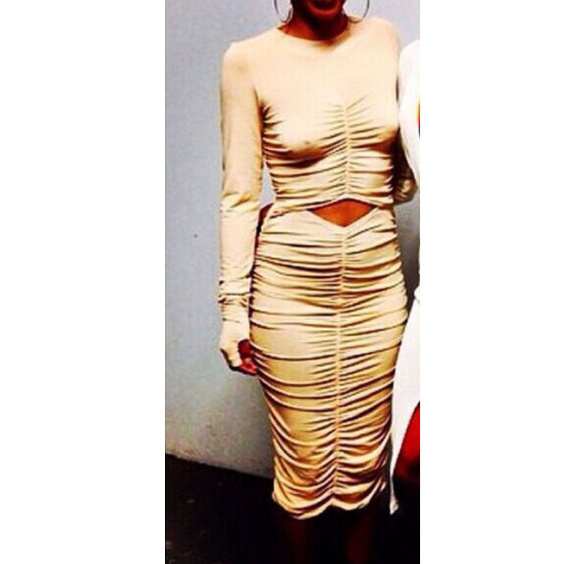 Long Sleeve Waist Pleated Party Dress Kim Kardashian Kylie Jenner Style -  - 9