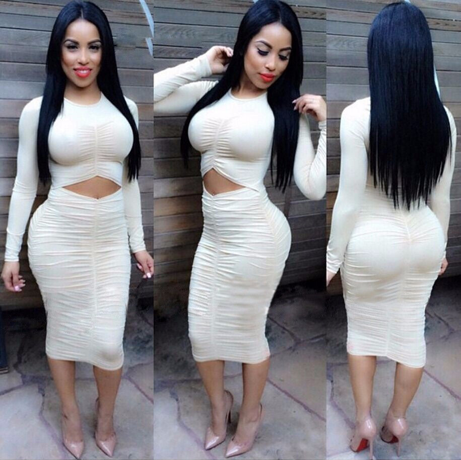 Long Sleeve Waist Pleated Party Dress Kim Kardashian Kylie Jenner Style -  - 4