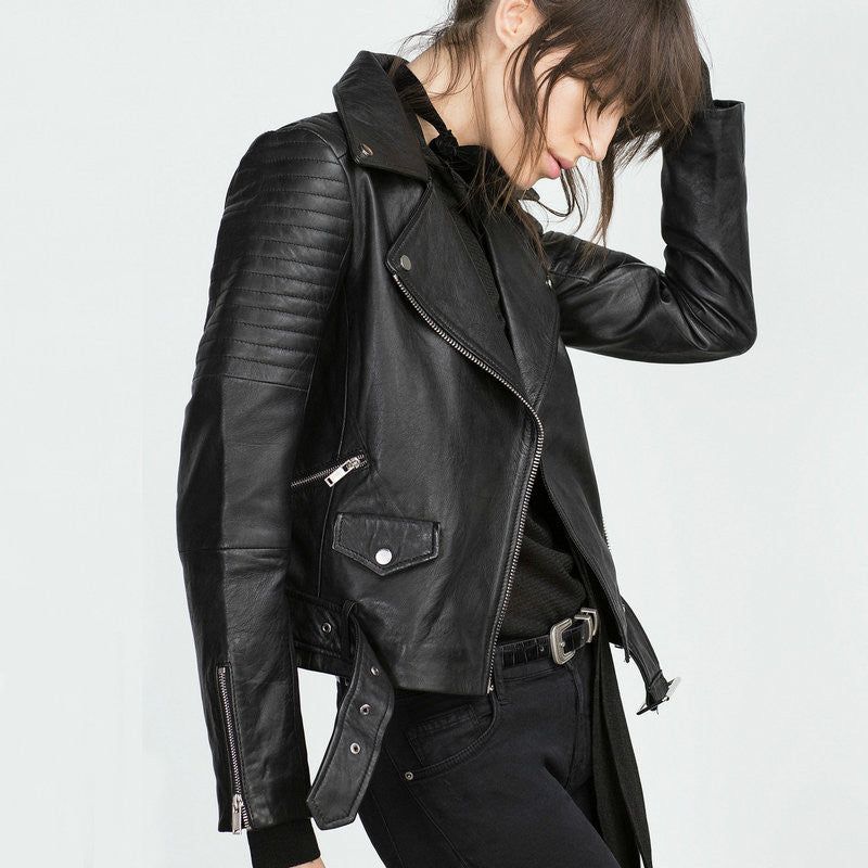 Fashion Women Faux Leather Jacket Ladies Motorcycle PU Black Long Sleeve Coat with Belt - CelebritystyleFashion.com.au online clothing shop australia