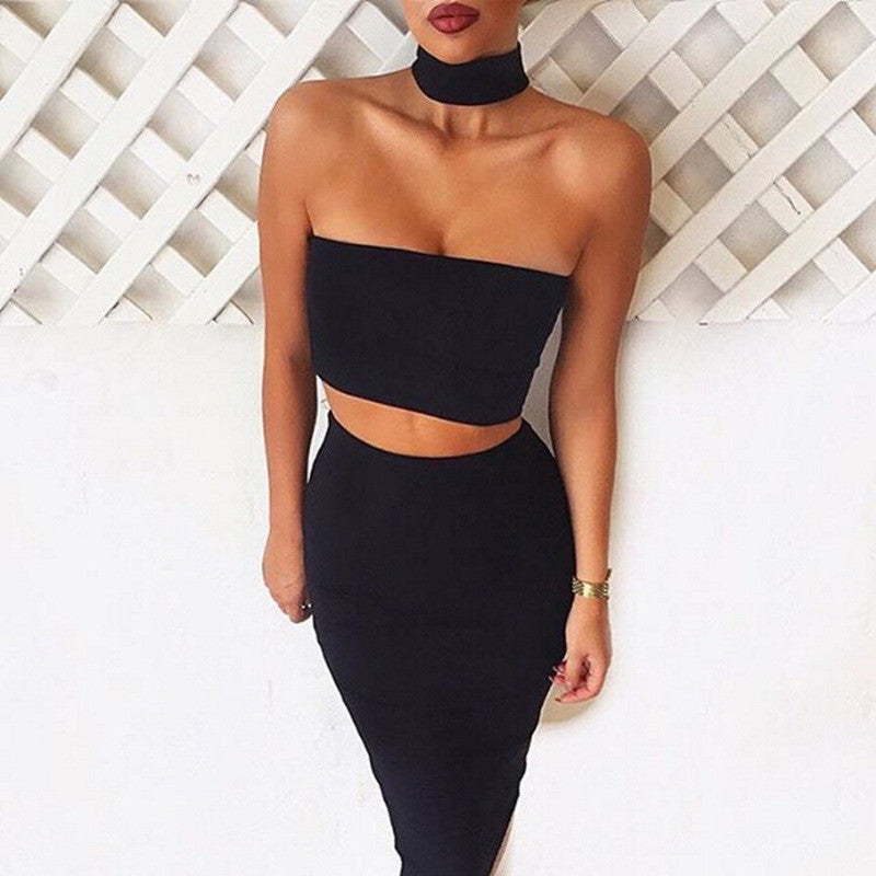 Two Piece Outfit High Waist Elastic Midi Dress Backless -  - 2