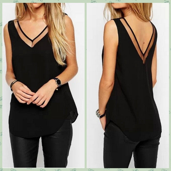 Summer Women Tank Tops Lace Mesh Patchwork Sexy V Neck Chiffon Shirts Black White Backless Camisole Blusas Plus Size S-4XL - CelebritystyleFashion.com.au online clothing shop australia