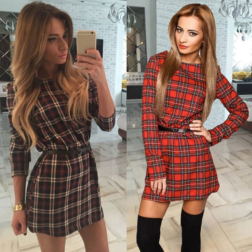 women plaid dresses o-neck long sleeve loose dresses casual mini dress - CelebritystyleFashion.com.au online clothing shop australia