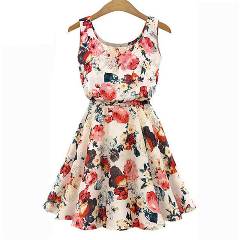 Brand Fashion Women New Apricot Sleeveless O-Neck Florals Print Pleated Summer Clothing Dresses - CelebritystyleFashion.com.au online clothing shop australia