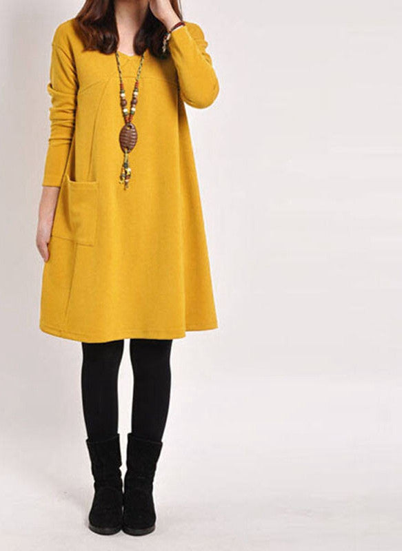 5 Color Autumn Women Long Sleeve Pockets Dress Ladies Casual Loose Solid V Neck Dresses Plus Size - CelebritystyleFashion.com.au online clothing shop australia