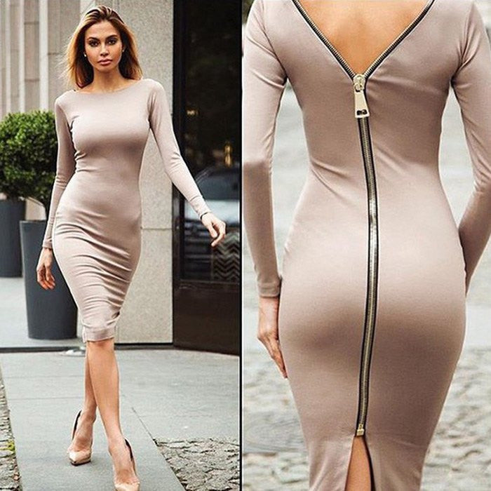 Autumn Maxi Simple Round Collar Knee-Length Sexy Elegant Dress Long Sleeve Full Zipper Tight Design Fitted Dresses Women Vestido - CelebritystyleFashion.com.au online clothing shop australia