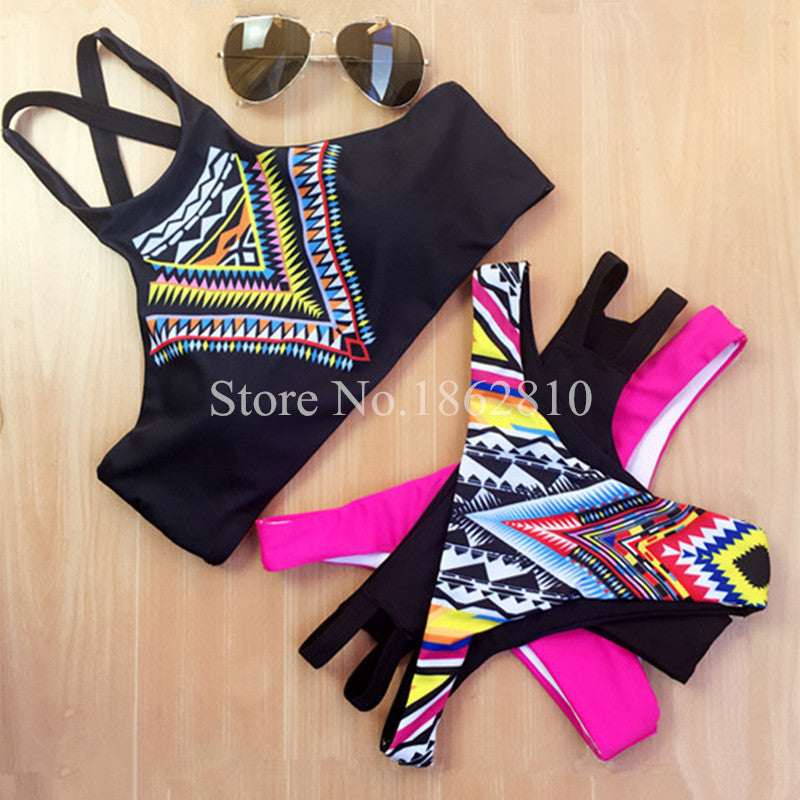 Women Bikinis High Neck Push up Bikini Set Geometry Black Swimwear Slim Print Swimsuit Biquini Brazil Beach - CelebritystyleFashion.com.au online clothing shop australia