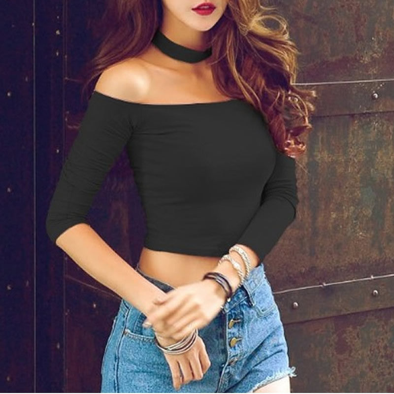 choker top crop top long sleeve bustier off shoulder women white cropped feminino pink high Neck cotton fitness tank shirts - CelebritystyleFashion.com.au online clothing shop australia