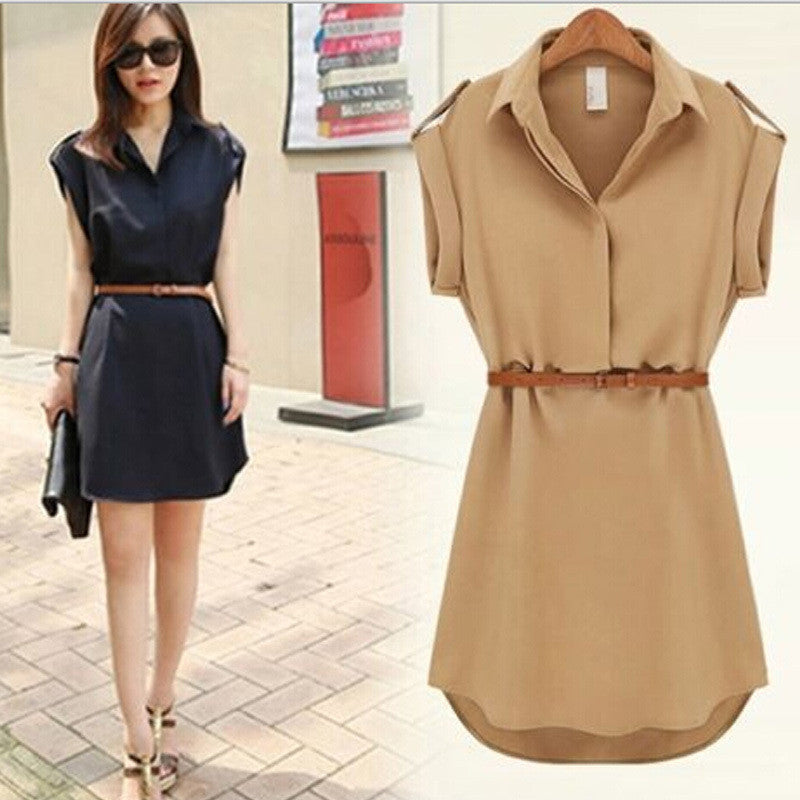 Womens dress summer Short A-Line solid Plus Size chiffon casual dresses with belt for Party Beach Office summer style - CelebritystyleFashion.com.au online clothing shop australia