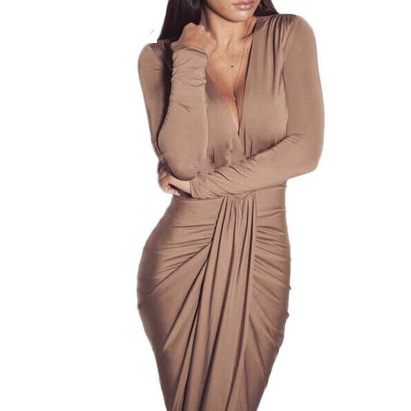 Deep V Neck Bodycon Sexy Womens Party Club Dresses Long Sleeve Autumn Winter Draped Elegant Women Dress Maxi Long Dress Vestidos - CelebritystyleFashion.com.au online clothing shop australia