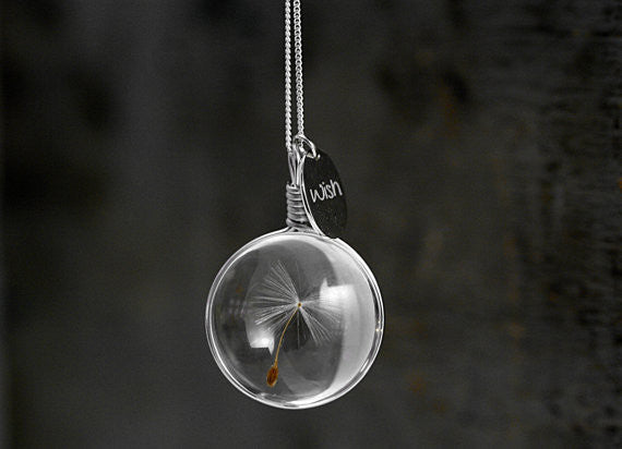 airy real dandelion necklace Make one wish Real dandelion seed in glass long necklace and WISH charm - CelebritystyleFashion.com.au online clothing shop australia