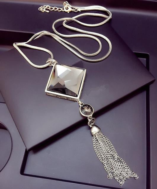 Top quality square crystal pendant long tassel necklace women fashion jewelry Silver Chain - CelebritystyleFashion.com.au online clothing shop australia