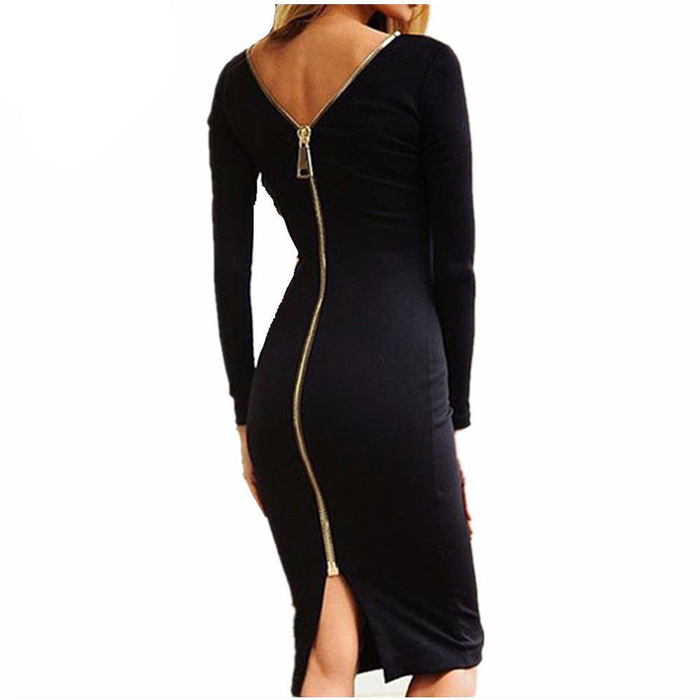 Bodycon Sheath Dress Little Black Long Sleeve Party Dresses Women Clothing Back Full Zipper Robe Sexy Femme Pencil Tight Dress - CelebritystyleFashion.com.au online clothing shop australia