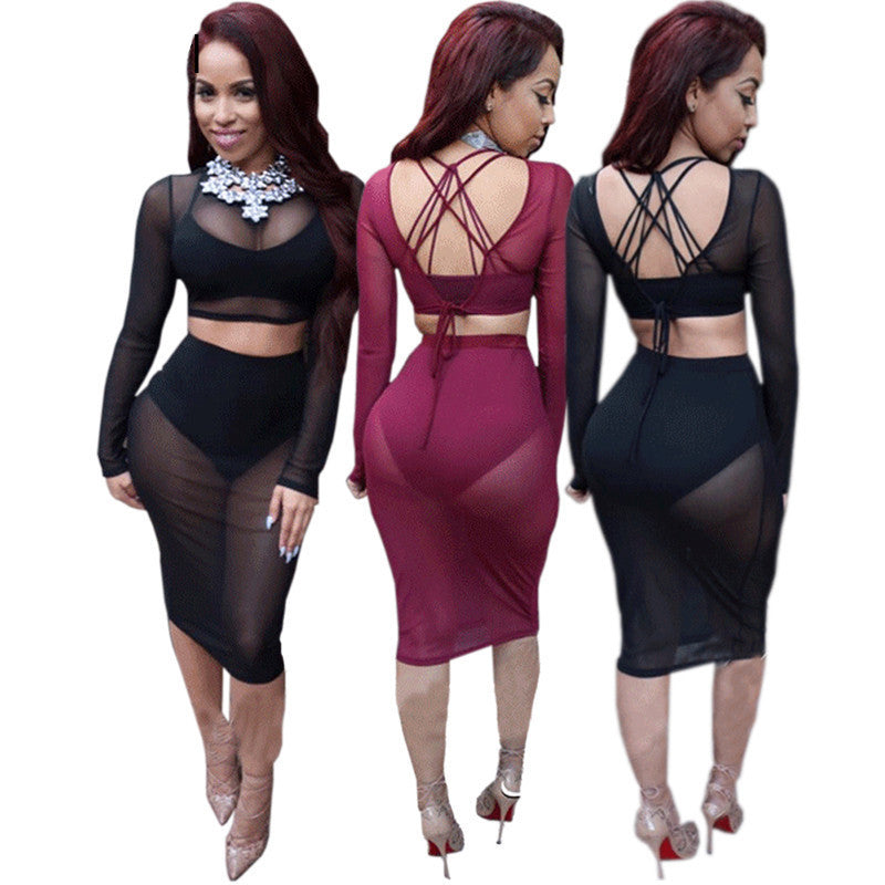 Two Piece Outfit Mesh Sheer Dress -  - 1