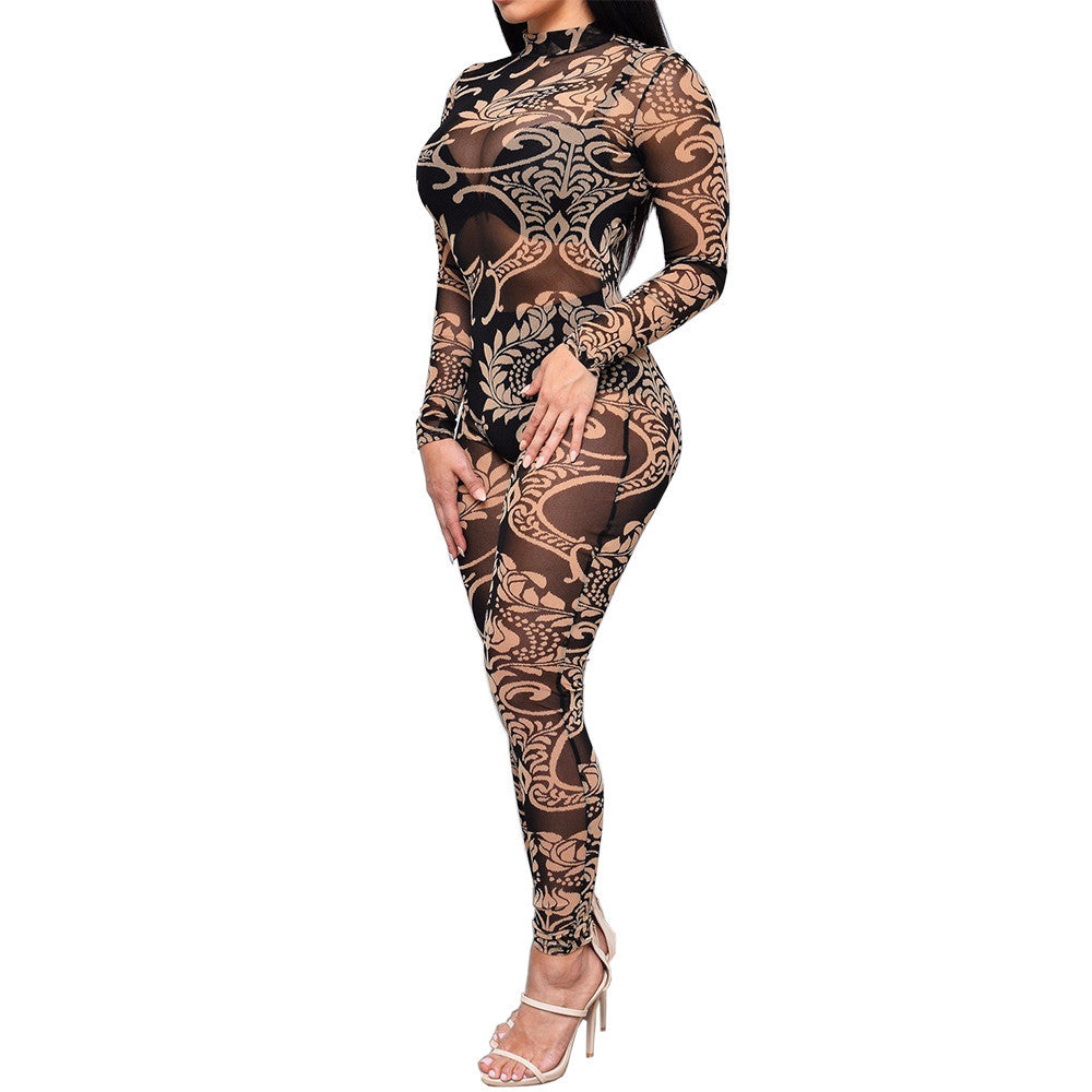 Floral Printed Sheer Mesh Jumpsuit Bodysuit -  - 1