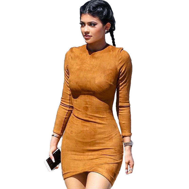 Kylie Jenner Style Faux Suede Party Dress Long Sleeve Tunic - CELEBRITYSTYLEFASHION.COM.AU - 1