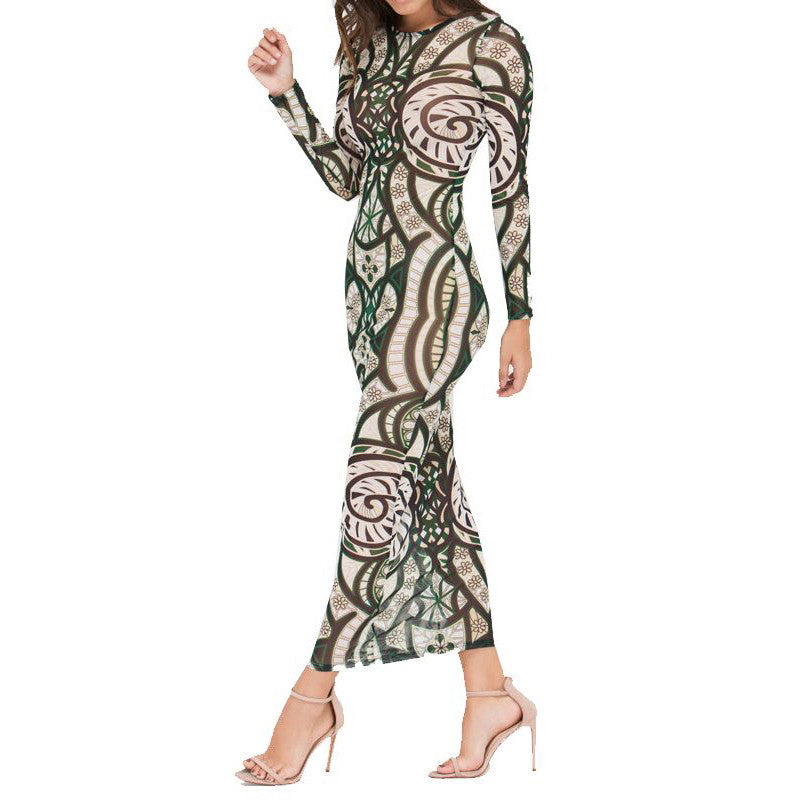 Tribal Printing Sheer Mesh Party Maxi Dress - 
