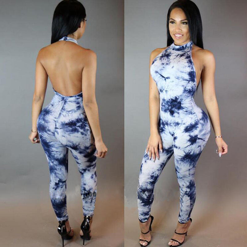 Backless Halter Jumpsuit Printed Bodysuit -  - 2