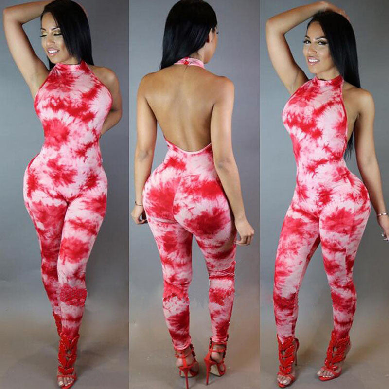 Backless Halter Jumpsuit Printed Bodysuit -  - 3