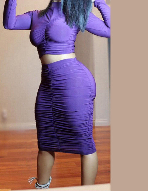 Two Piece Pleated Party Purple High Waist Dress - 