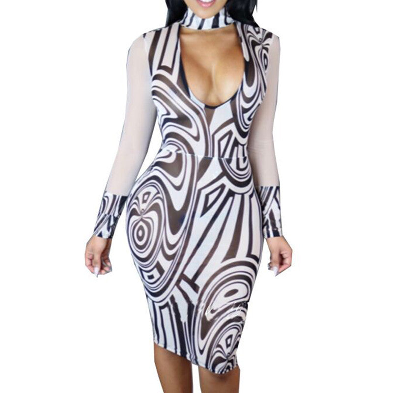 Long Sleeve Mesh Printed Bandage Stretch Party Dress - 