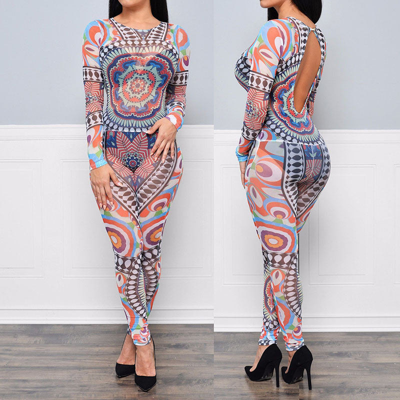 Sheer Mesh Aztec Tribal Printed Backless Jumpsuit -  - 2