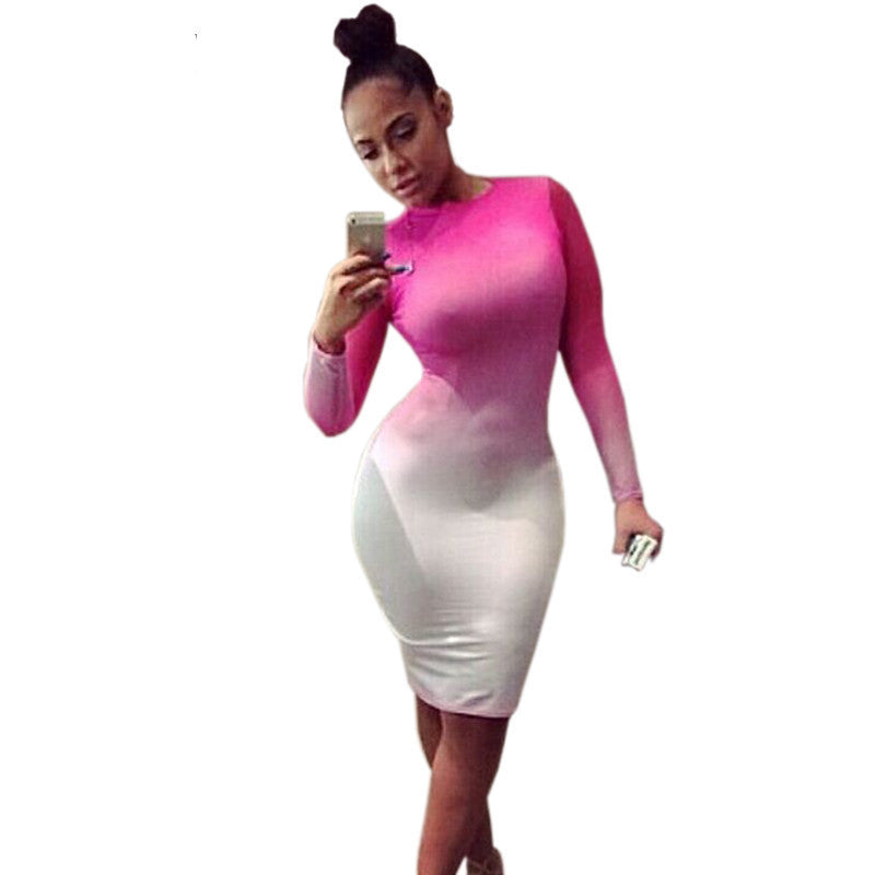 Long Sleeve Gradient O Neck Stretch Bandage Mini Dress - 